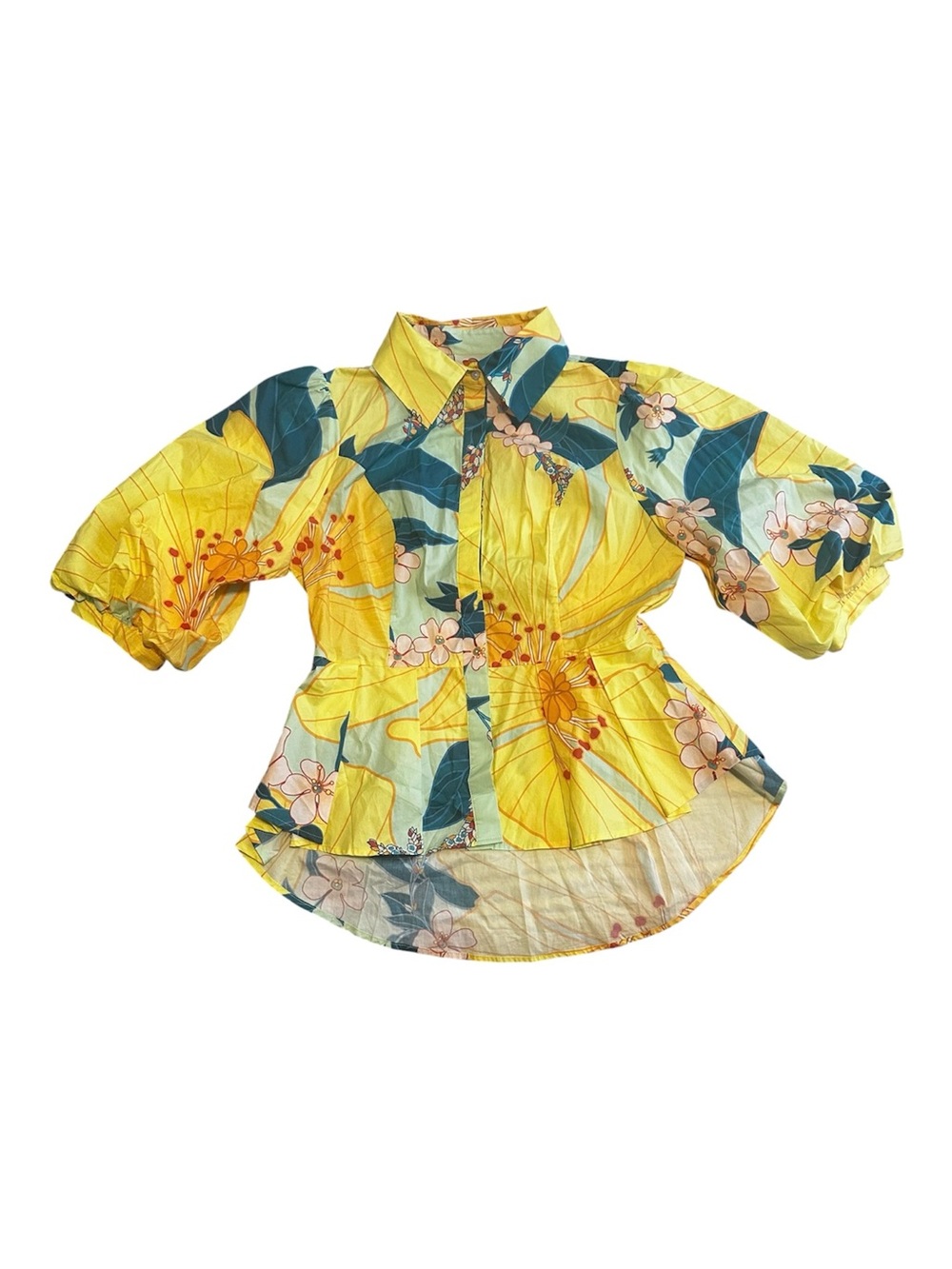 FARM Rio Yellow Teal Floral Puff-Sleeve Petra Blouse Size M